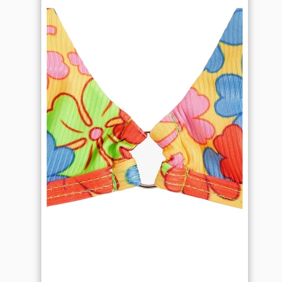 Metallic Halter Top Two Piece Neon Floral Tie Side Triangle Bikini Women’s Sz L - Picture 3 of 12